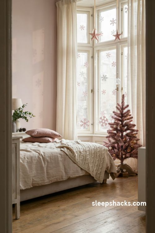 Pink and frosted white snowflake window decals with a hanging paper star in a cozy christmas bedroom