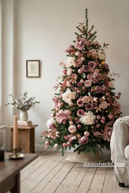 Pink and gold christmas tree decorated with blush faux peonies and romantic garden roses