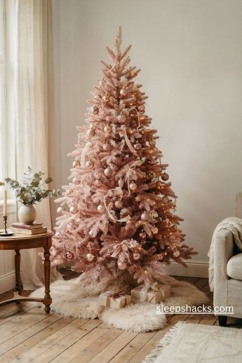 Pink and gold christmas tree with a plush blush pink faux fur skirt and elegant holiday gifts