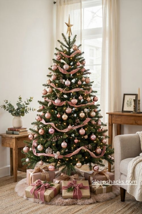 Pink and gold christmas tree with beautifully wrapped blush presents and champagne gold ribbons