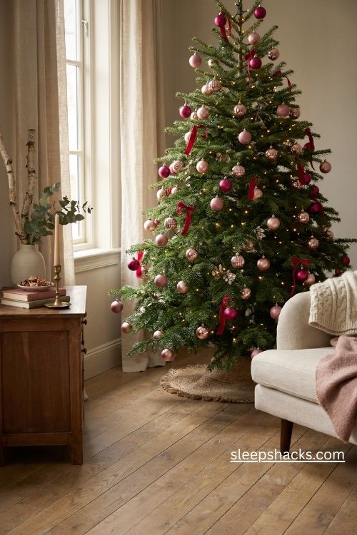 Pink and gold christmas tree with bold hot pink ornaments and elegant champagne gold decorations