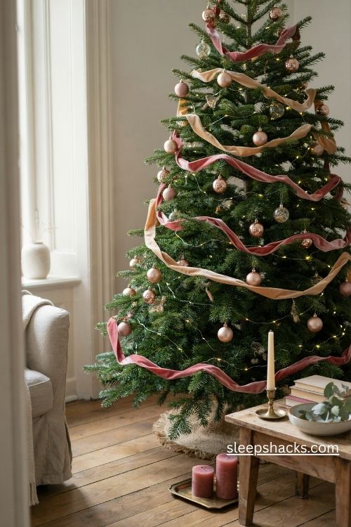 Pink and gold christmas tree with cascading dusty rose velvet ribbon and elegant gold ornaments