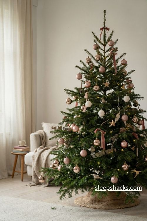 Pink and gold christmas tree with clustered metallic gold ornaments in mixed finishes