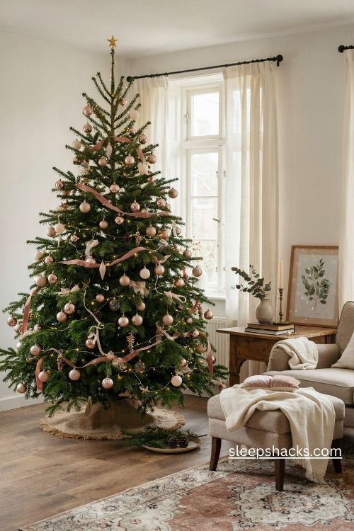Pink and gold christmas tree with elegant blush ornaments and champagne gold decorations in a cozy living room