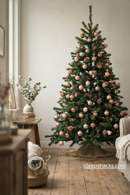 Pink and gold christmas tree with matte blush ornaments and shiny champagne gold decorations