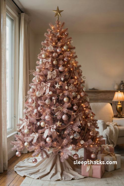 Pink and gold christmas tree with rose gold satin bows champagne ornaments and warm white lights
