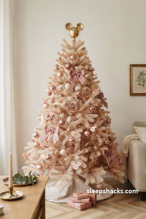 Pink and gold minnie mouse christmas tree with blush ornaments glittery bows and rose gold ribbon