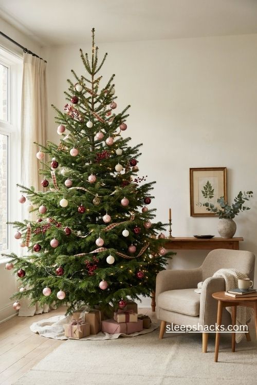 Pink and red christmas tree decorations with tartan ribbon white ornaments and red berries