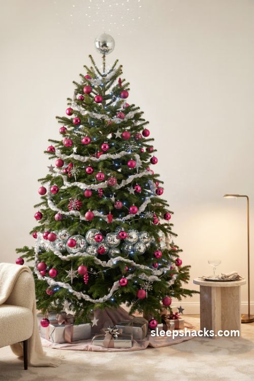 Pink and silver disco christmas tree with mirrored disco balls glitter stars and sparkling metallic garland
