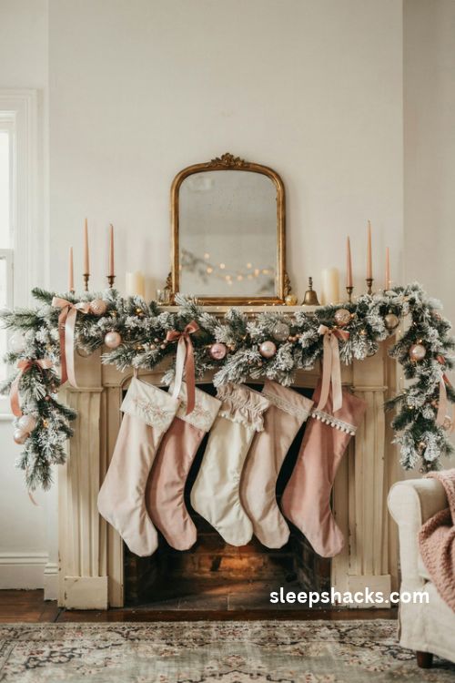 Pink and white Christmas mantel with flocked garland blush velvet stockings and soft candlelight