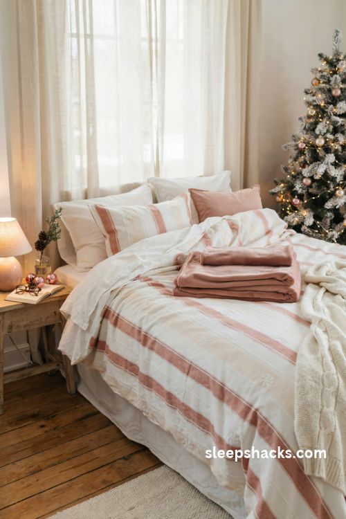 Pink and white candy stripe christmas bedding with a cozy blush blanket and soft winter bedroom decor