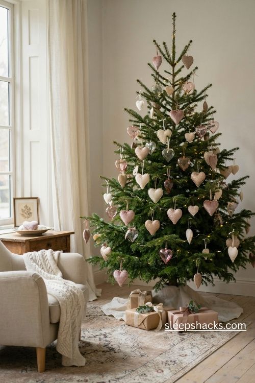 Pink and white heart ornament christmas tree with velvet glass and handmade decorations