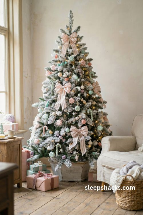 Pink and white peppermint swirl ribbon bows cascading down a flocked pastel candy christmas tree