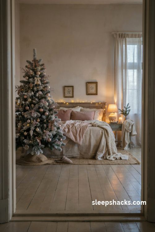 Pink christmas bedroom with a flocked blush tree warm fairy lights and cozy ivory bedding