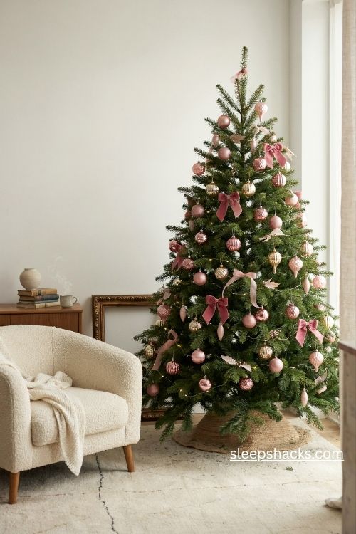 Pink christmas tree decorations ideas with blush ornaments gold accents and velvet bows