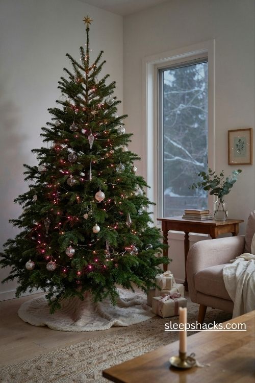 Pink christmas tree lights with warm white strands and clear glass ornaments