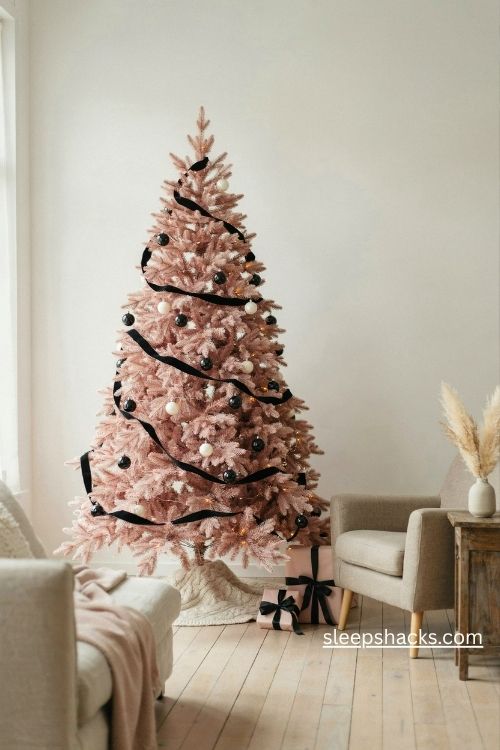 Pink christmas tree with wide black velvet ribbon and elegant white pearl ornaments
