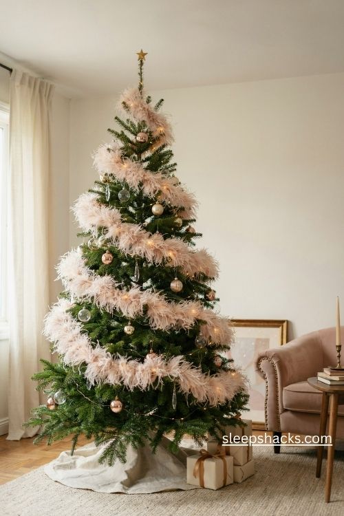Pink feather boa christmas tree garland with gold ornaments and soft glowing lights
