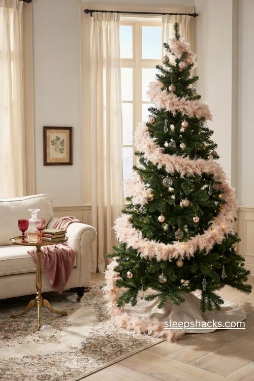 Pink feather boa christmas tree with gold ornaments and warm white fairy lights