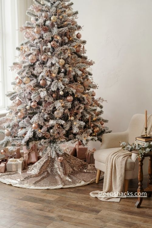 Pink flocked christmas tree with champagne sequin tree skirt and blush wrapped presents