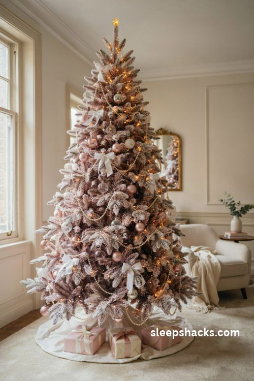 Pink flocked christmas tree with pearl garlands white satin bows and crystal ornaments