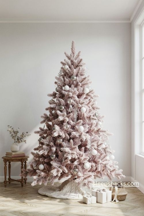 Pink flocked christmas tree with white silver ornaments and warm glowing lights