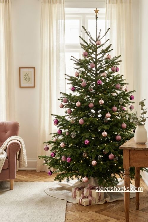 Pink glitter christmas tree ornaments in blush rose and magenta against green branches