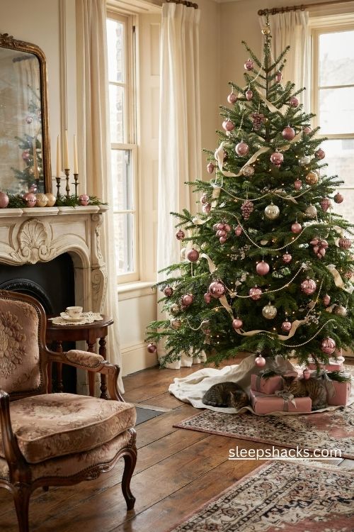 Pink mercury glass christmas baubles with antique silver reflections on a lush victorian christmas tree