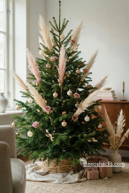Pink pampas grass and dried floral christmas tree decorations with cream and gold ornaments