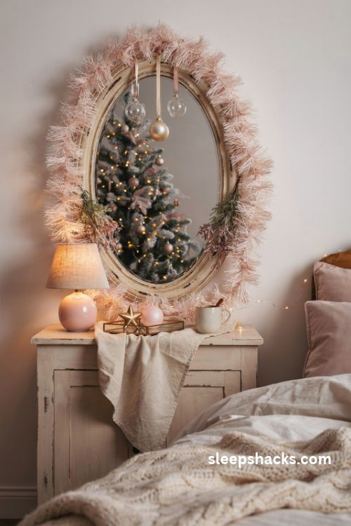 Pink tinsel christmas garland framing a bedroom mirror with dangling ornaments warm fairy light reflections and blush decor