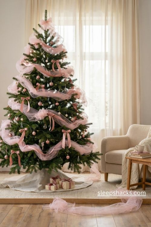 Pink tulle and ballet ribbon christmas tree with pearl ornaments and rose gold baubles