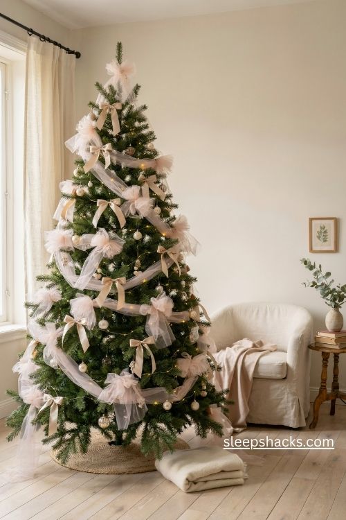 Pink tulle christmas tree with champagne satin bows and delicate pearl ornaments