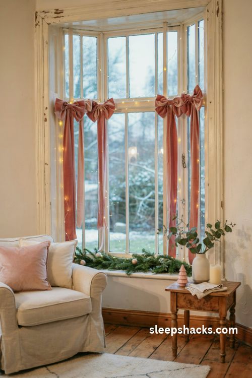 Pink velvet Christmas bows on cottage windows with warm white fairy lights and pine garland