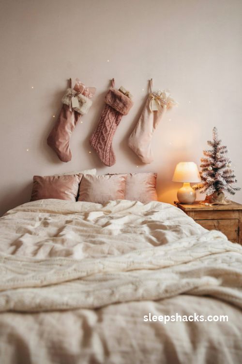 Pink velvet and knit christmas stockings with ivory fur cuffs hanging from bedposts in a cozy blush bedroom