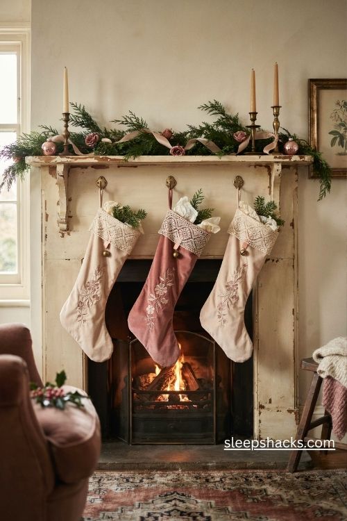 Pink velvet christmas stockings with vintage lace trim