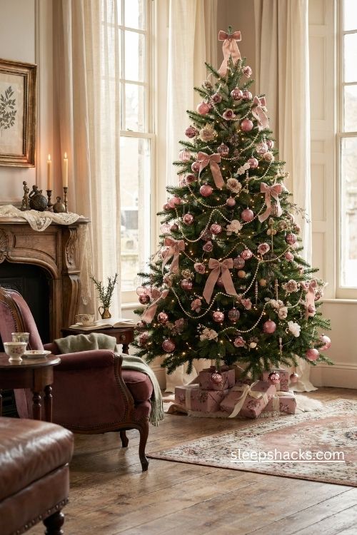 Pink victorian christmas tree with blush velvet ribbons and vintage ornaments in a romantic living room