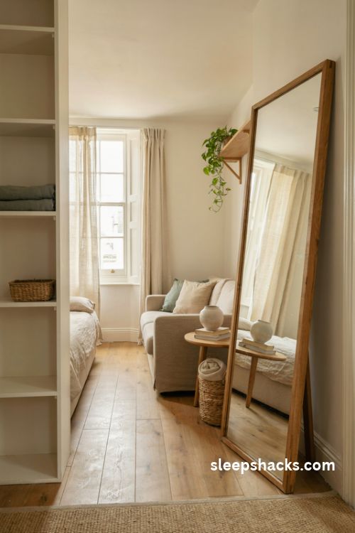 Place mirrors to double the light in a small studio apartment with a tall oak floor mirror and bright window reflections