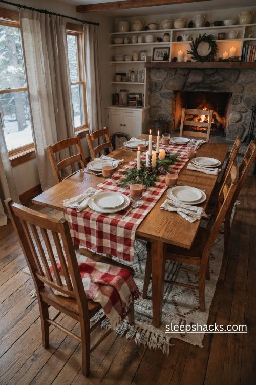 Plaid Christmas table setup with red buffalo check runner white plates wooden bowls and cozy flannel accents