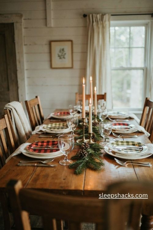Plaid and buffalo check christmas plates layered with white dinnerware on a rustic farmhouse table