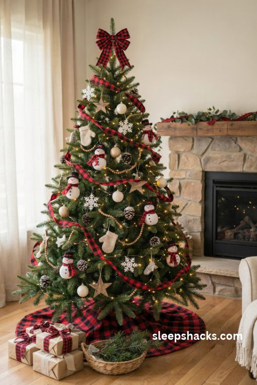 Plaid and snowman Christmas tree with red black ribbon and cozy farmhouse ornaments