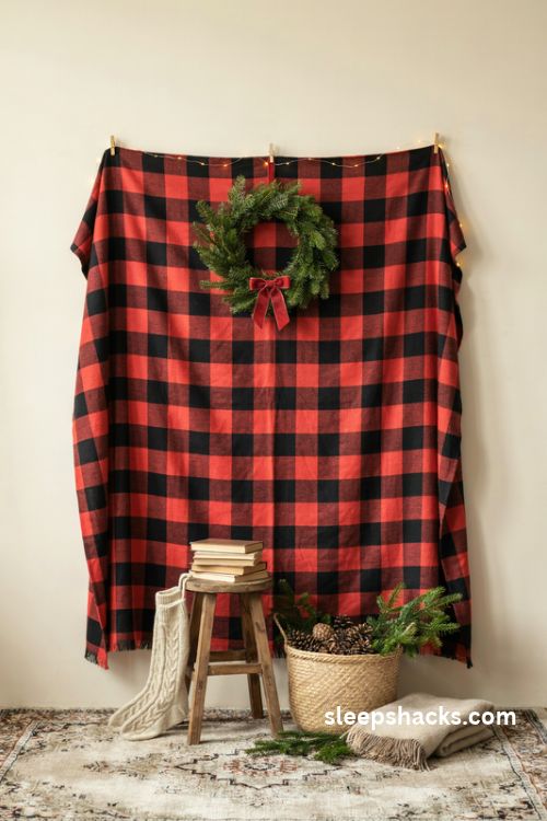 Plaid blanket christmas photo backdrop with cozy rustic cabin decor and warm lights