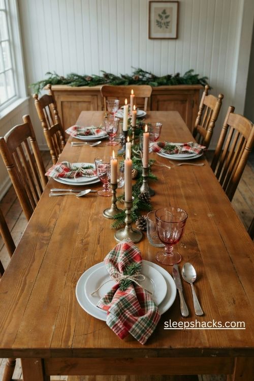 Plaid christmas napkins tied with twine and evergreen sprigs on a farmhouse table