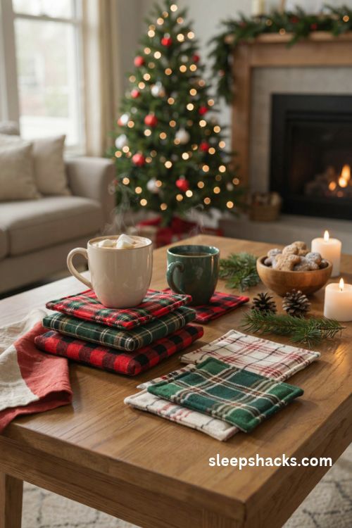 Plaid fabric Christmas coasters in red green buffalo check and tartan patterns