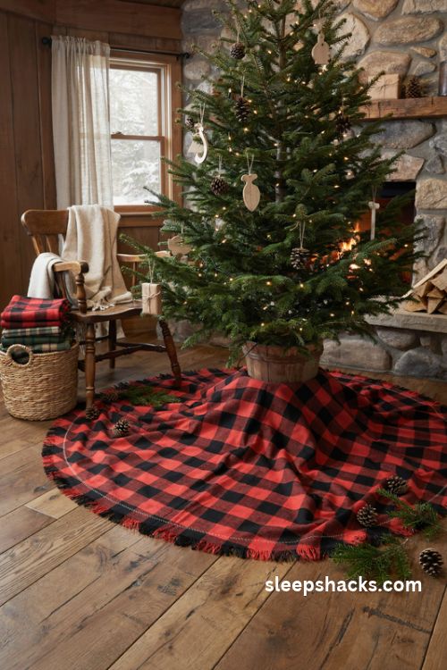 Plaid flannel christmas tree skirt with frayed fringe and rustic cabin charm