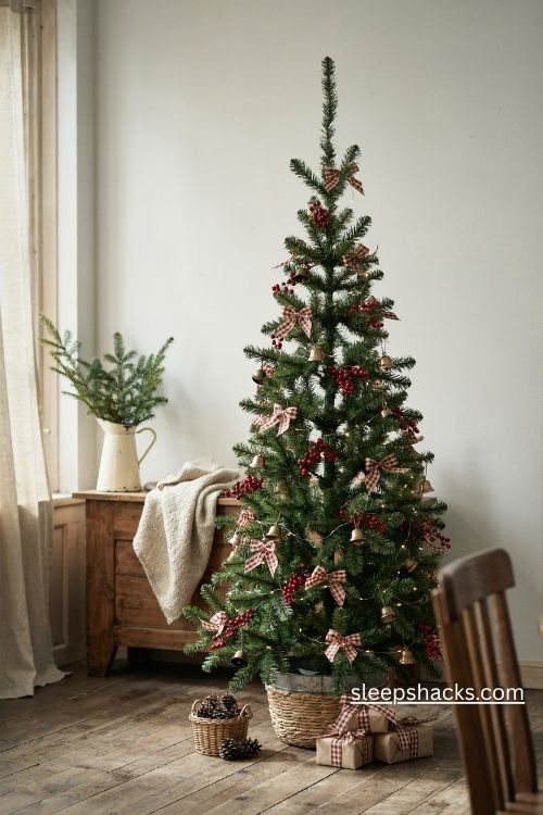 Plaid ribbon and red berries on a slim pencil christmas tree with cozy farmhouse charm