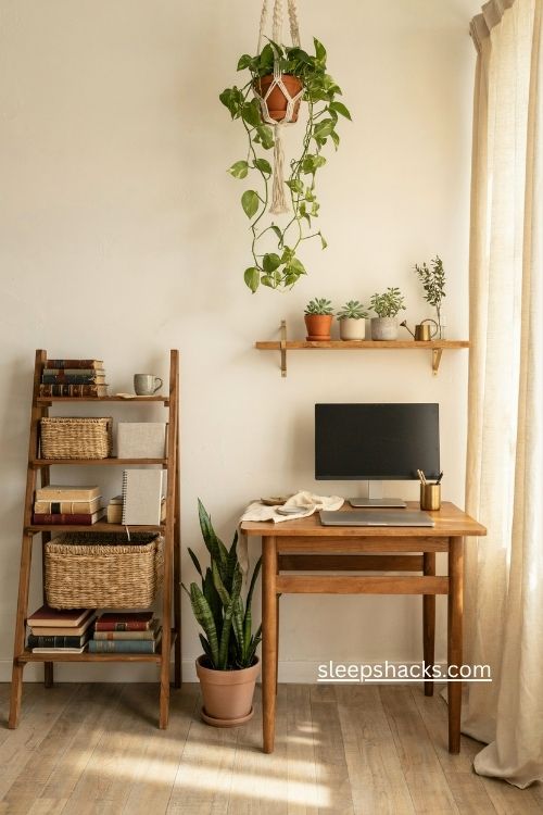 Plant filled boho office decor with snake plants pothos and natural wood 