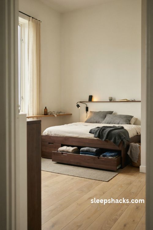 Platform bed with built in storage drawers for a small men's bedroom with dark wood and gray bedding