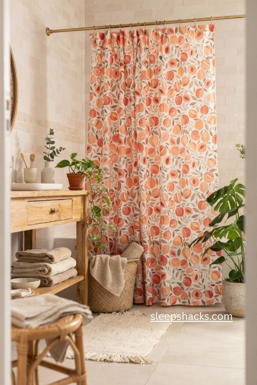 Playful peach and orange fruit print shower curtain boho bathroom ideas 