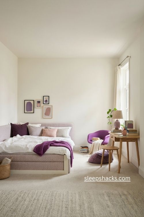 Playful teen bedroom with violet pod chair patterned trundle bed and lilac accents