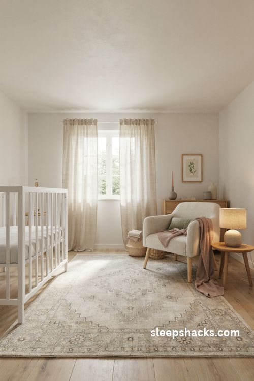 Plush textured cream rug in a cozy baby girl nursery with blush pink and natural wood accents